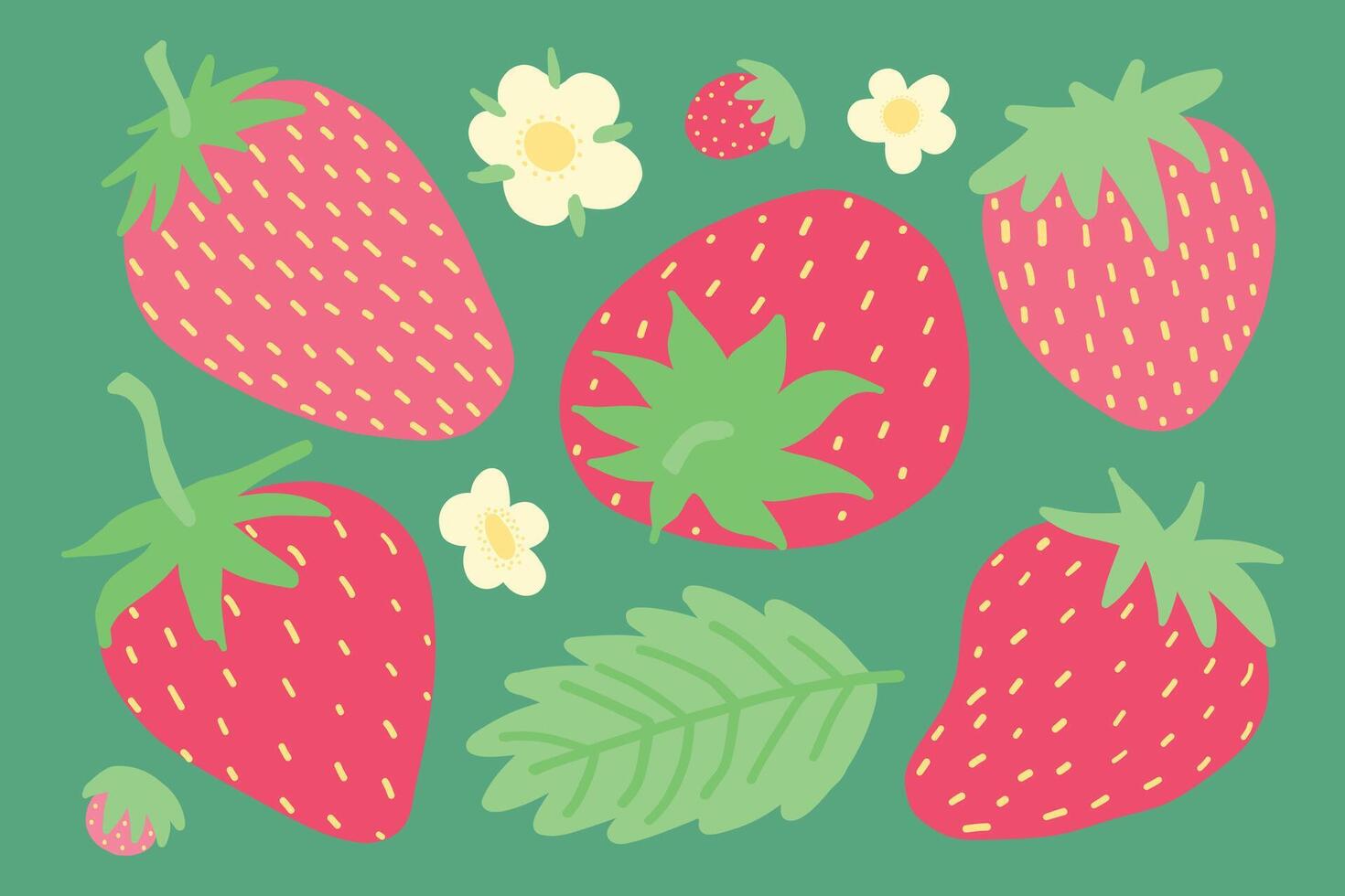 Illustration von Erdbeeren, Blumen, und Blätter auf ein Grün Hintergrund. beschwingt und bunt, perfekt zum Themen von frisch, gesund Essen, Sommer, und Natur. Ideal zum Dekorationen, kreativ Projekte vektor