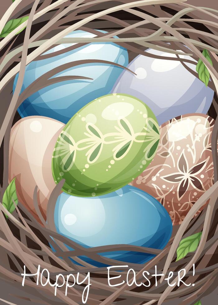 Ostern Gruß Karte Vorlage. Poster mit Ostern Eier im ein Nest. Frühling süß Urlaub Illustration. es s Frühling Zeit vektor