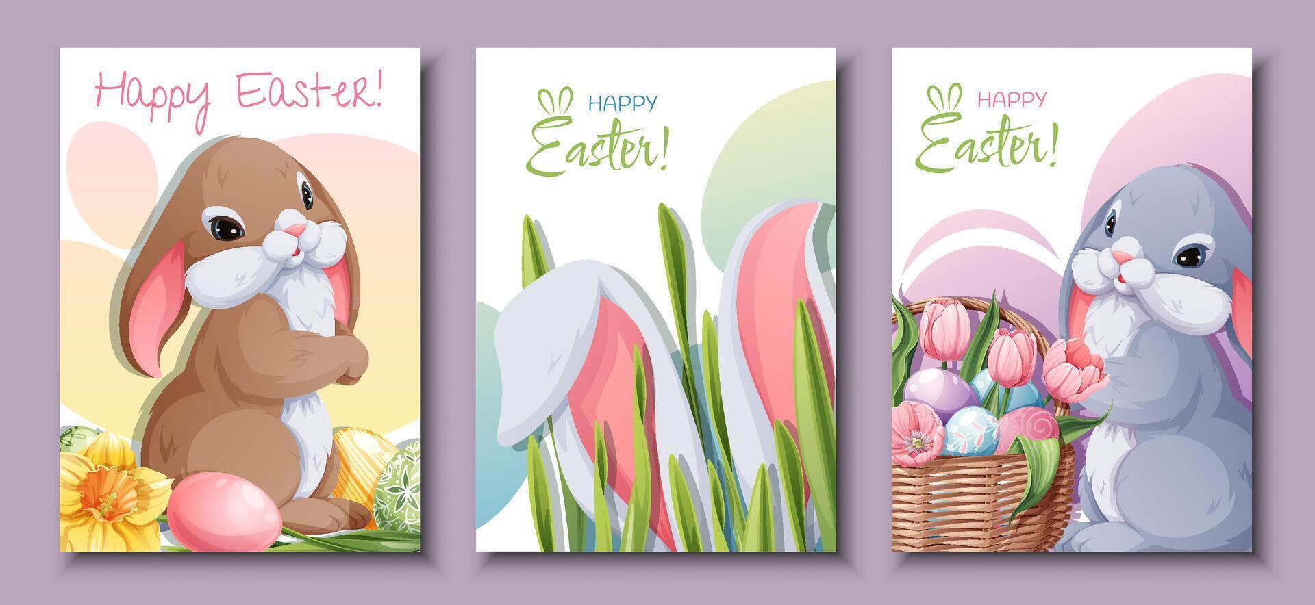 einstellen von Gruß Karten zum Ostern. Poster, Banner mit Ostern Hase und Eier. Frühling Zeit. vektor