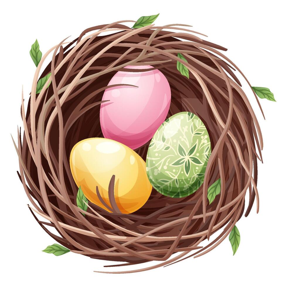 fågel s bo med påsk ägg på en vit bakgrund. vår illustration för dekor, design. vår tid vektor