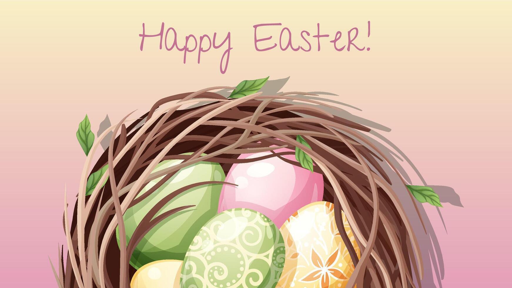 påsk affisch och baner mall med påsk ägg i en bo på en rosa bakgrund. vår illustration. Grattis och gåvor för påsk i tecknad serie stil. vektor