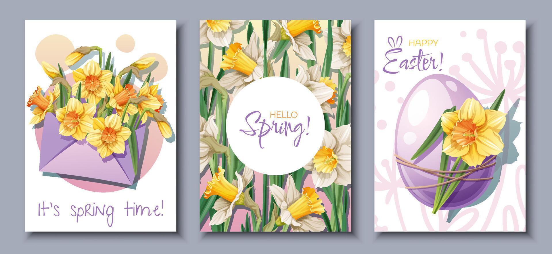uppsättning av hälsning kort mallar med vår blommor för påsk. affisch, baner med påskliljor i ett kuvert, med ett påsk ägg. Hej vår. illustration av delikat blommor i tecknad serie stil vektor