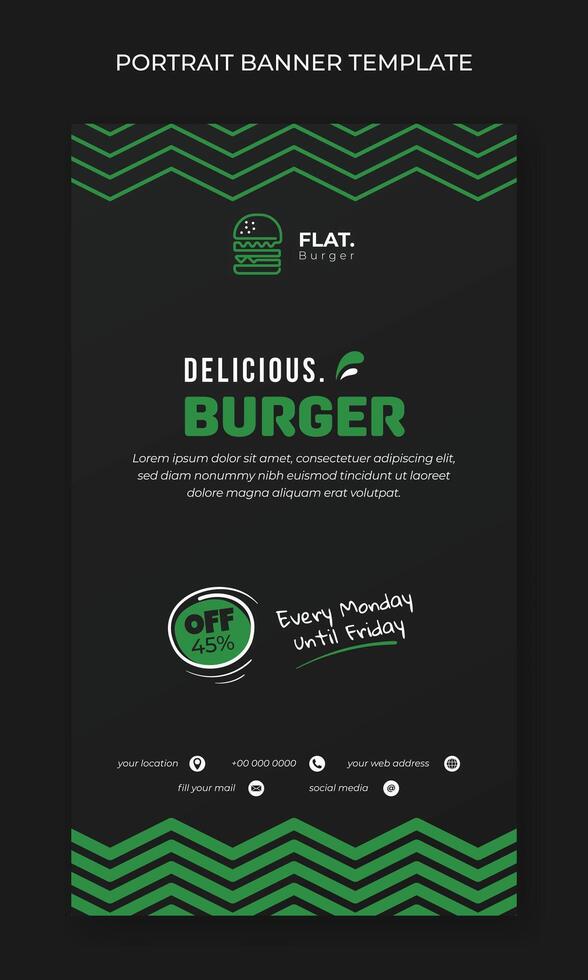 Porträt Banner Vorlage im Gradient schwarz Design mit einfach Grün Muster Hintergrund zum Straße Essen Werbung Design vektor