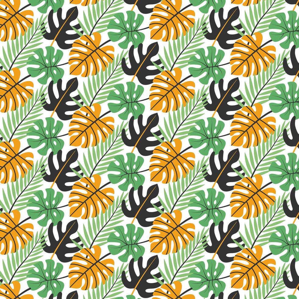 tropisk löv sömlös mönster. grön och gul abstrakt djungel löv upprepa på vit. sommar bakgrund design för skriva ut, dekoration, tyg, kort. vektor