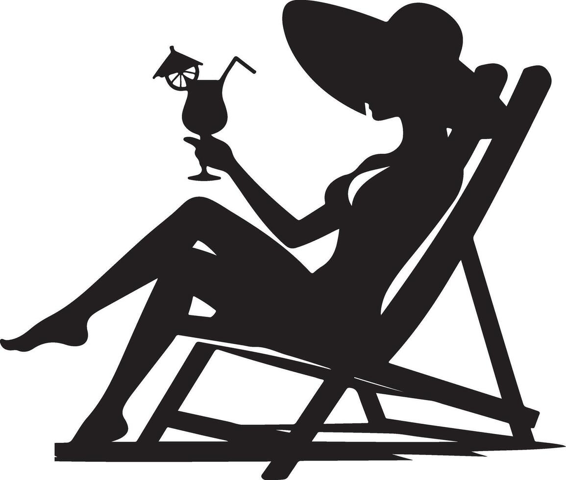 en kvinna avkopplande på en strand stol med dryck, svart Färg silhuett vektor