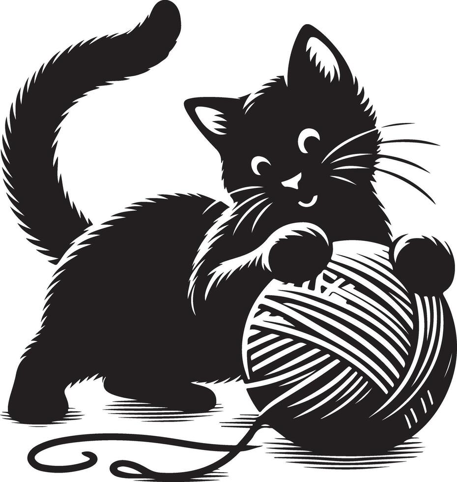 katt spelar med en boll av ull , svart Färg silhuett vektor