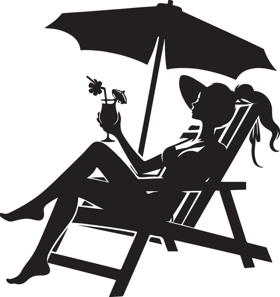 ein Frau entspannend auf ein Strand Stuhl mit trinken, schwarz Farbe Silhouette vektor