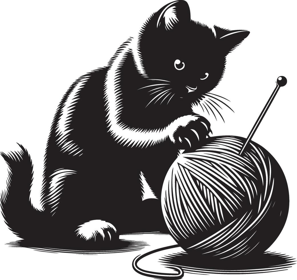 katt spelar med en boll av ull , svart Färg silhuett vektor