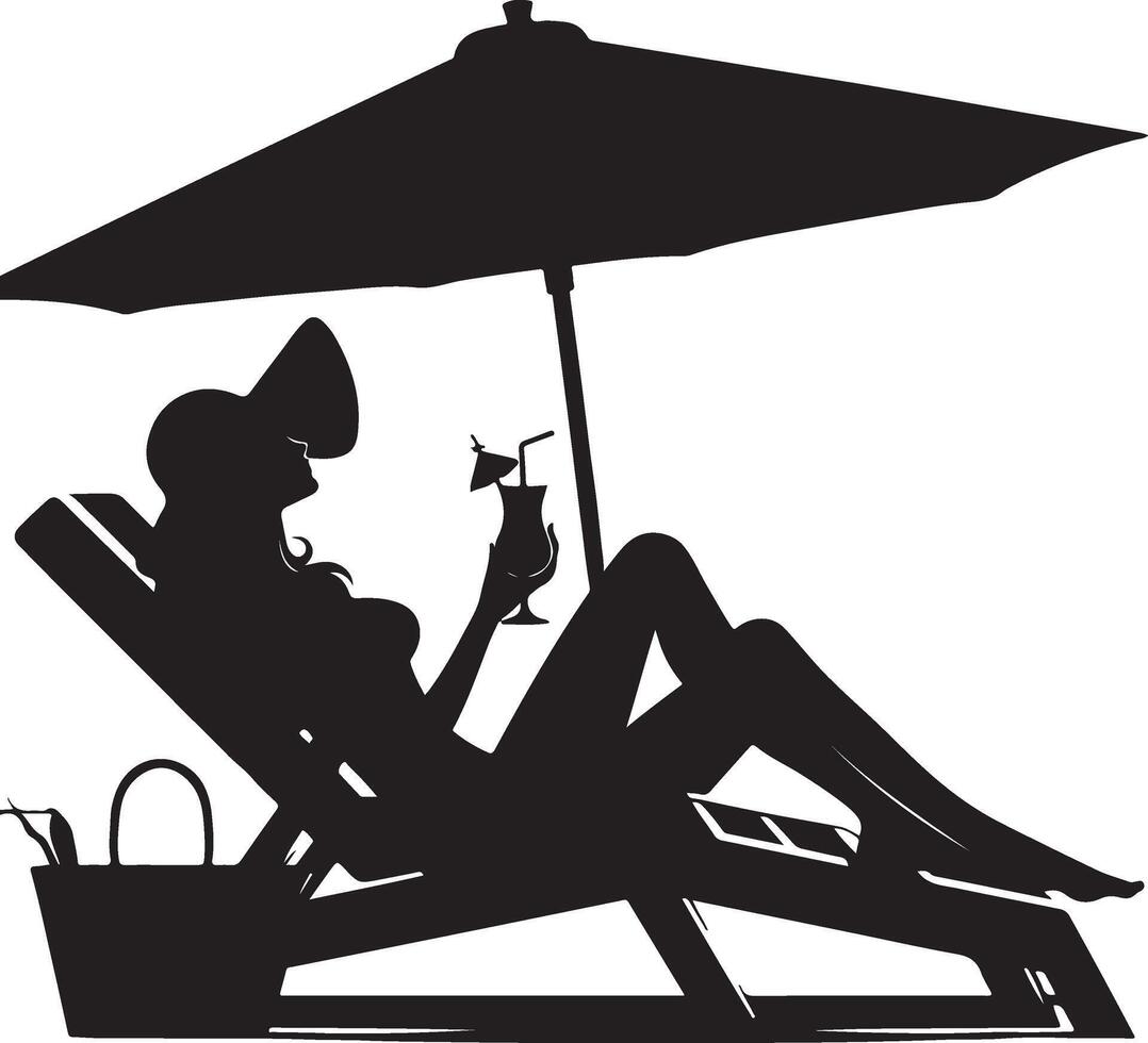 en kvinna avkopplande på en strand stol med dryck, svart Färg silhuett vektor