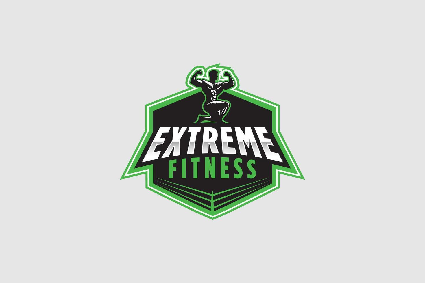 Fitness, Boxen und Bodybuilding Verein Abzeichen Emblem Stil Logo mit muskulös Körper Baumeister Silhouette und Boxen Ring vektor