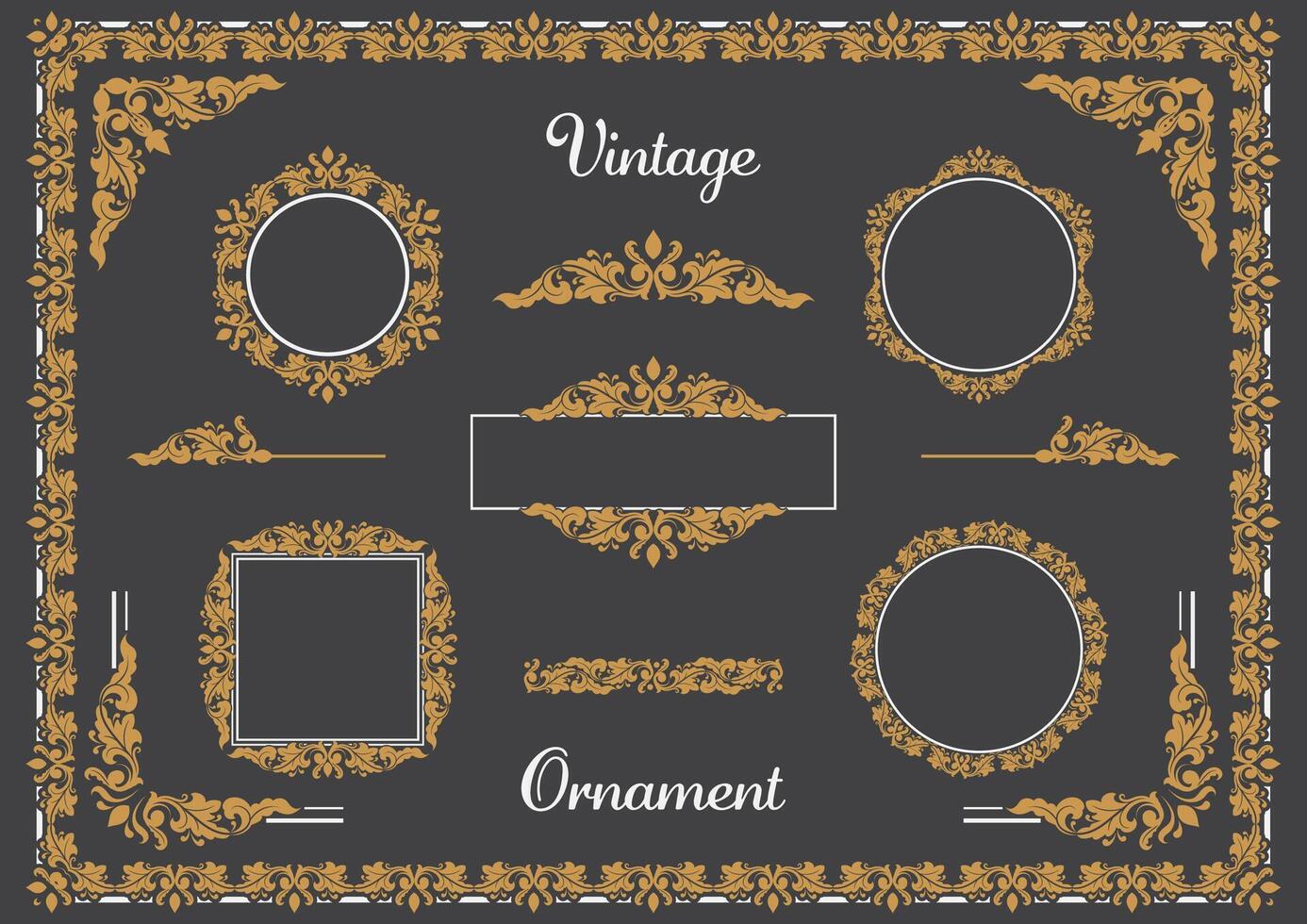 uppsättning av gyllene årgång prydnad med gräns, ram, krona, hörn, mandala och lyx element, lämplig för årgång design eller bröllop inbjudan kort vektor