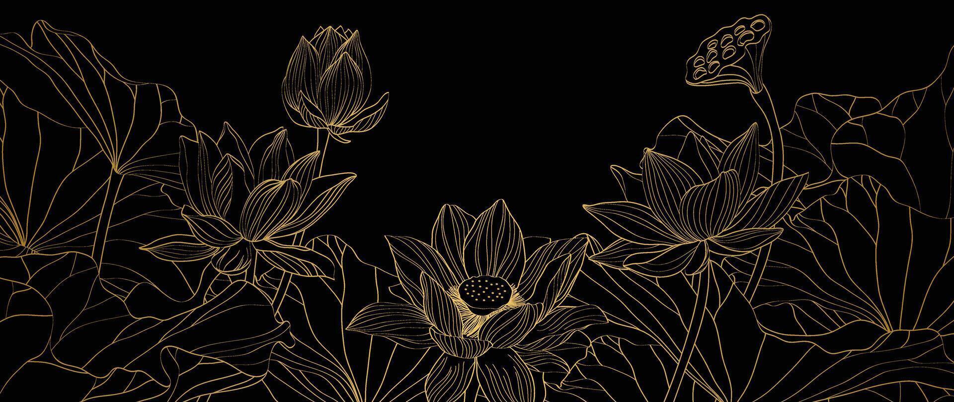 Luxus Lotus Blume Hintergrund . elegant Gold Lotus Blume, Blatt Linie Kunst auf schwarz Hintergrund. japanisch und Chinesisch Illustration Design zum Dekor, Hintergrund, Banner, Verpackung. vektor