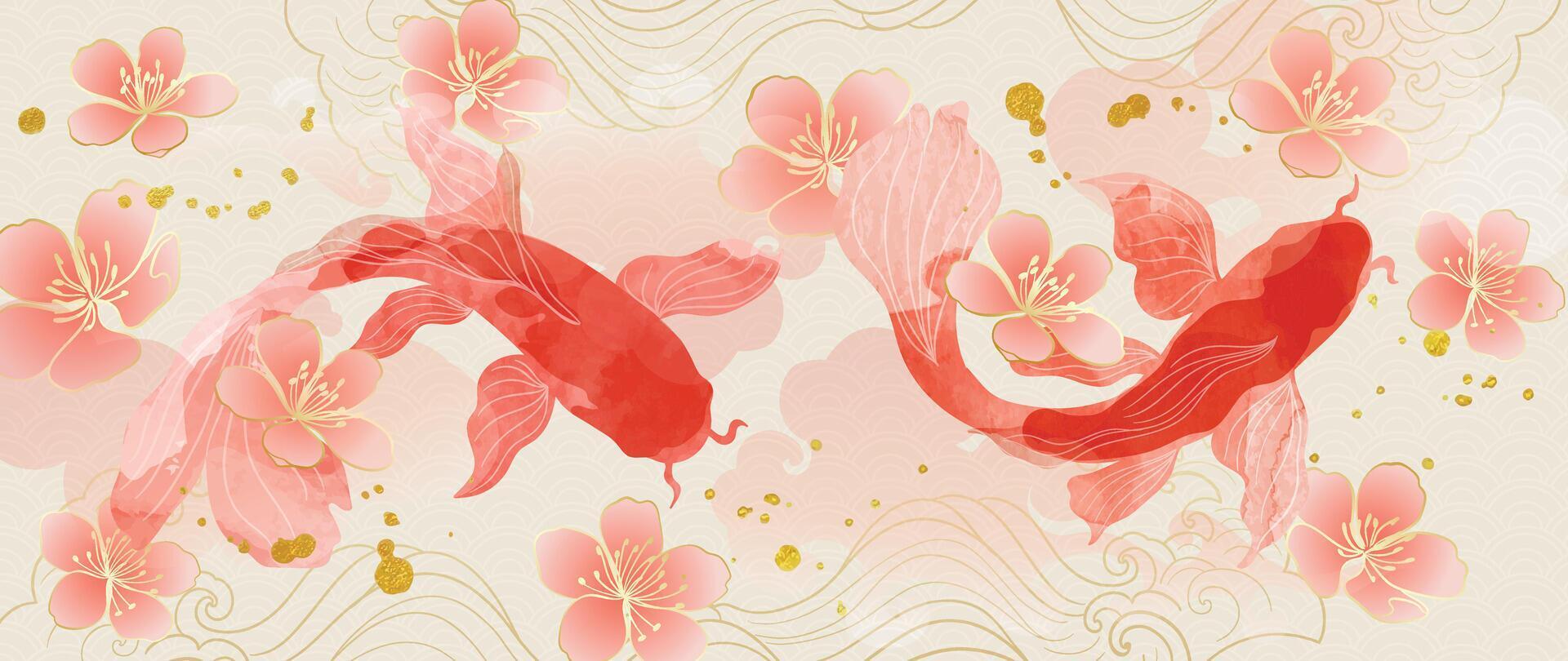lyx kinesisk bakgrund . kinesisk och japansk tapet mönster design av elegant koi fisk med vattenfärg textur. design illustration för dekoration, vägg dekor, baner, hemsida, annonser. vektor