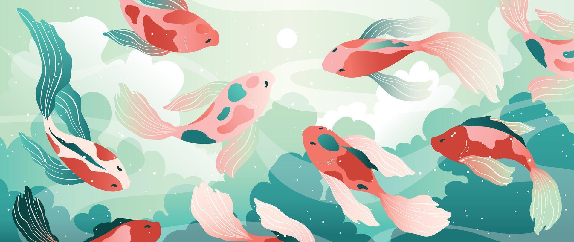 Luxus Chinesisch Stil Hintergrund . Chinesisch und japanisch Hintergrund Muster Design von elegant Koi Mist Fisch, Wolke, Himmel, Sonne. Design Illustration zum Dekoration, Mauer Dekor, Banner, Webseite, Anzeigen. vektor