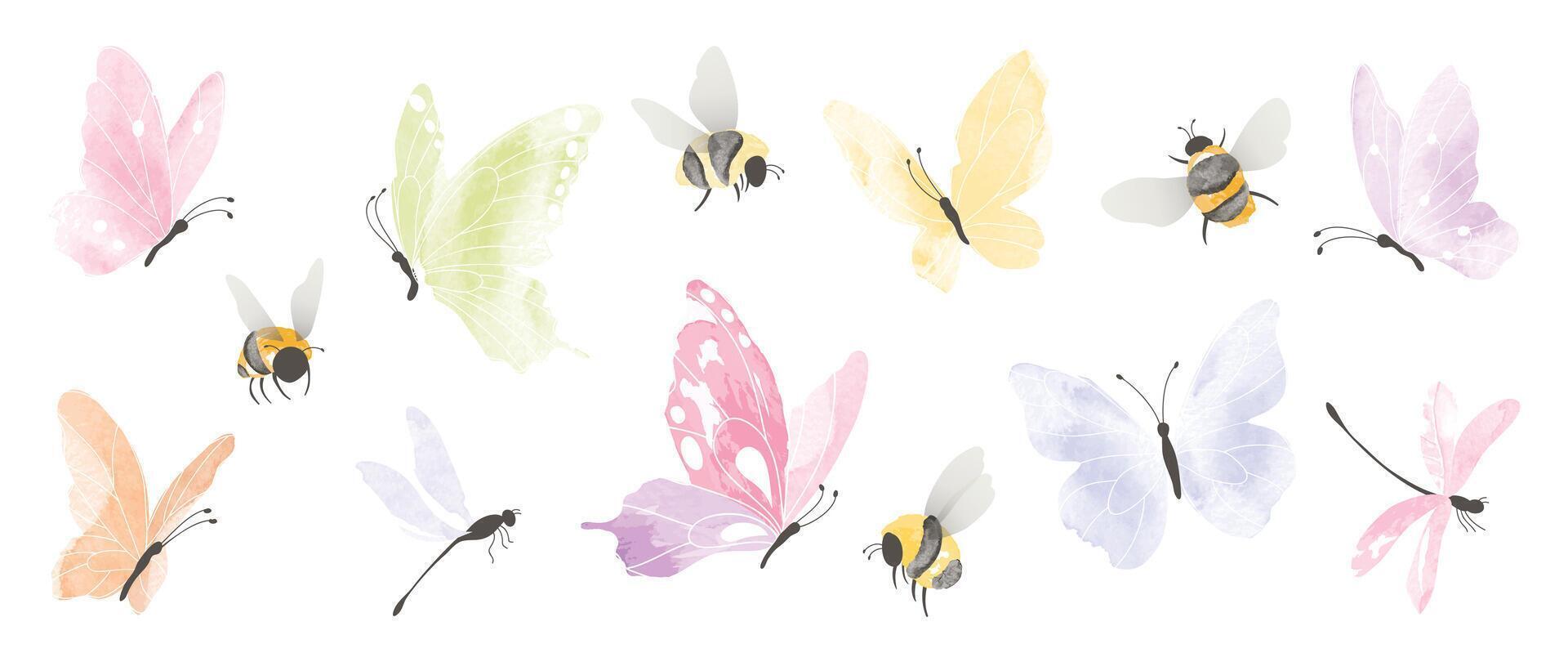 einstellen von Insekten Garten Elemente . Sammlung von Libelle, Biene und Schmetterling bunt. Aquarell Insekten Illustration Design zum Logo, Hochzeit, Einladung, Dekor, drucken, Karte. vektor