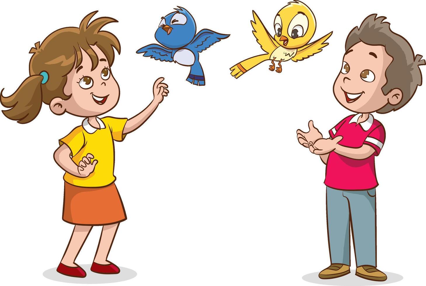 Kinder haben Spaß mit Vögel. Illustration mit süß Kinder spielen im Karikatur Stil. vektor