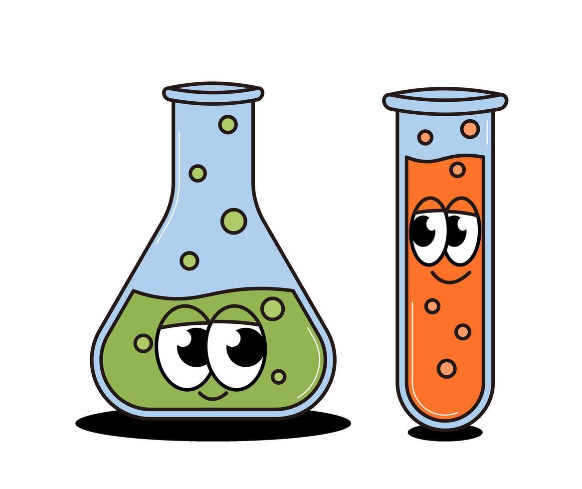 tillbaka till skola retro samtida konst. två testa rör med söt ansikten. skraj häftig element på en transparent bakgrund. trendig illustration. vektor