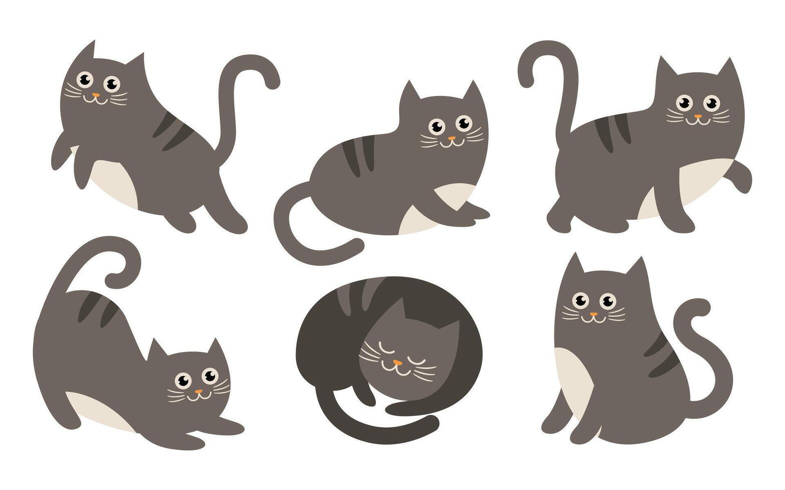 uppsättning av söt katt tecknad serie tecken i olika poserar, kattunge på vit bakgrund vektor