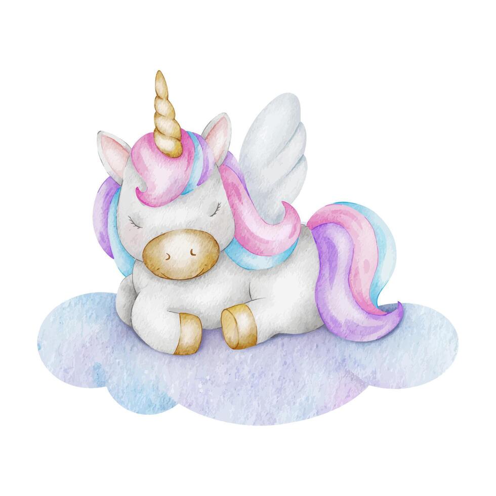 süß Baby Märchen Einhorn Schlafen auf Wolke. isoliert Aquarell Illustration zum Logo, Kinder Waren, Kleidung, Textilien, Postkarten, Poster, Baby Dusche und Kinder- Zimmer vektor