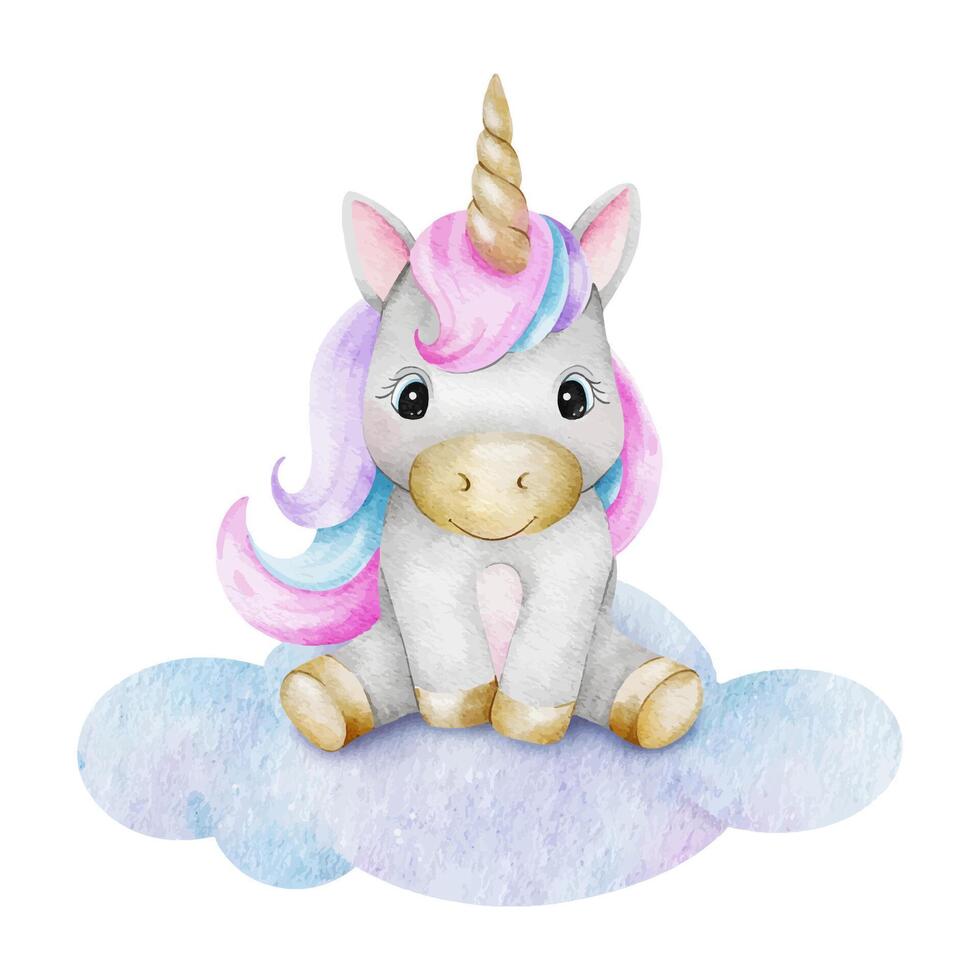 süß Baby Märchen Einhorn Sitzung auf Wolke. isoliert Aquarell Illustration zum Logo, Kinder Waren, Kleidung, Textilien, Postkarten, Poster, Baby Dusche und Kinder- Zimmer vektor