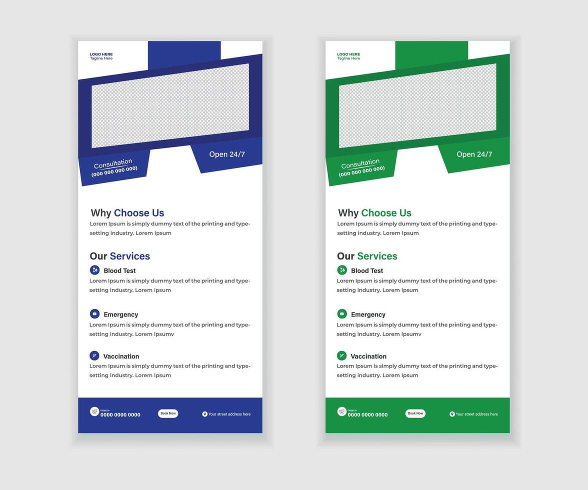 medicinsk rulla upp eller dl flygblad och kuggstång kort design mall för din företag vektor