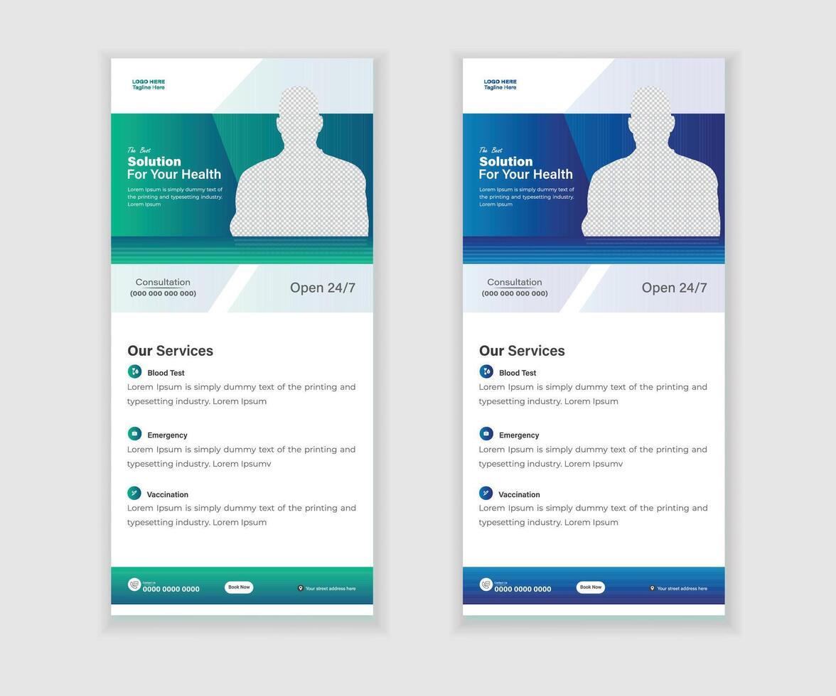 medicinsk rulla upp eller dl flygblad och kuggstång kort design mall för din företag vektor