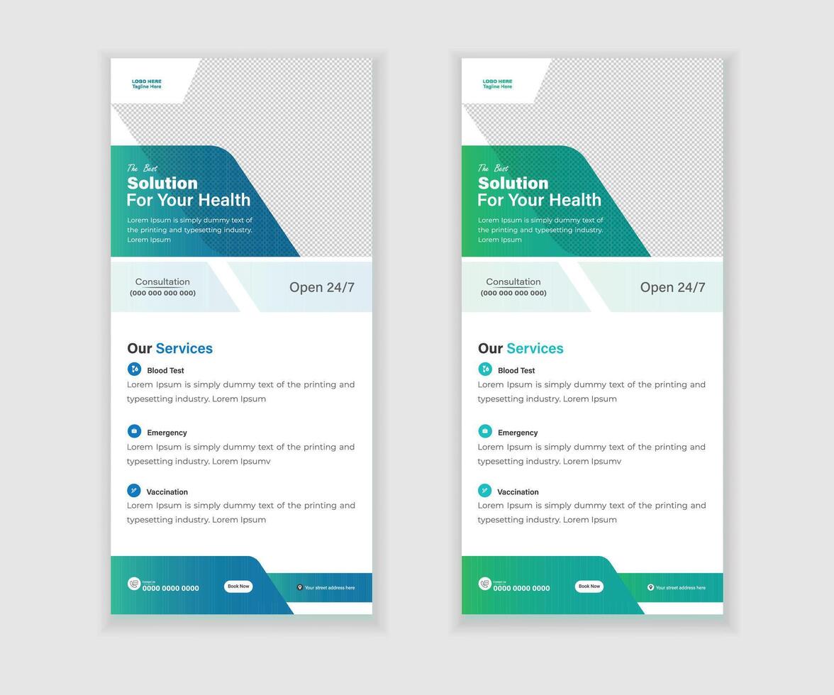medicinsk rulla upp eller dl flygblad och kuggstång kort design mall för din företag vektor