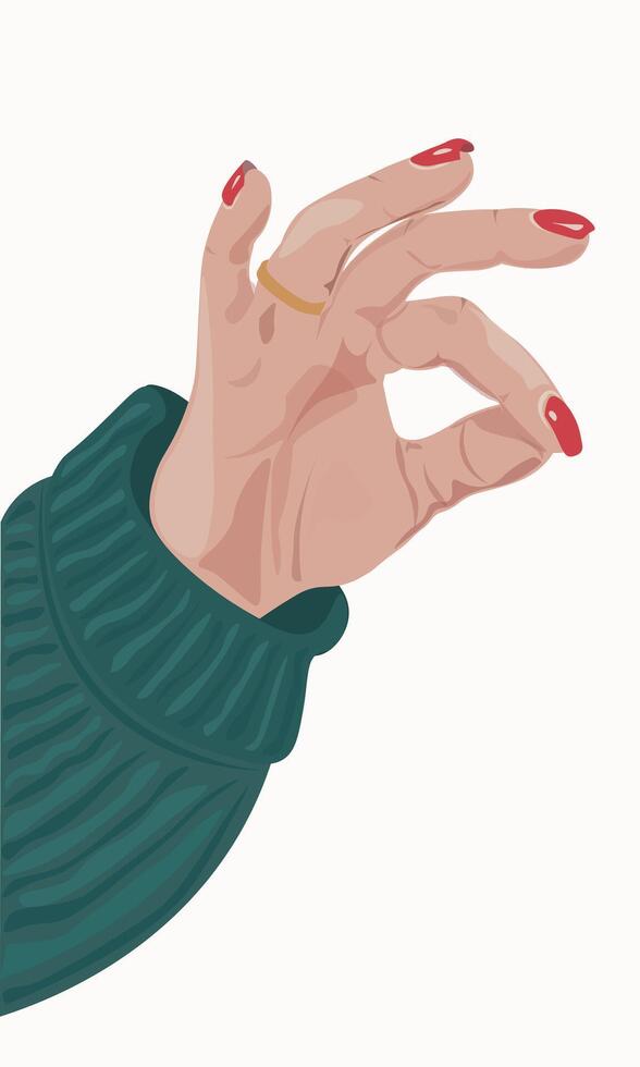 kvinna hand i grön Tröja med röd manikyr och ringa på de finger visar ett ok gest vektor