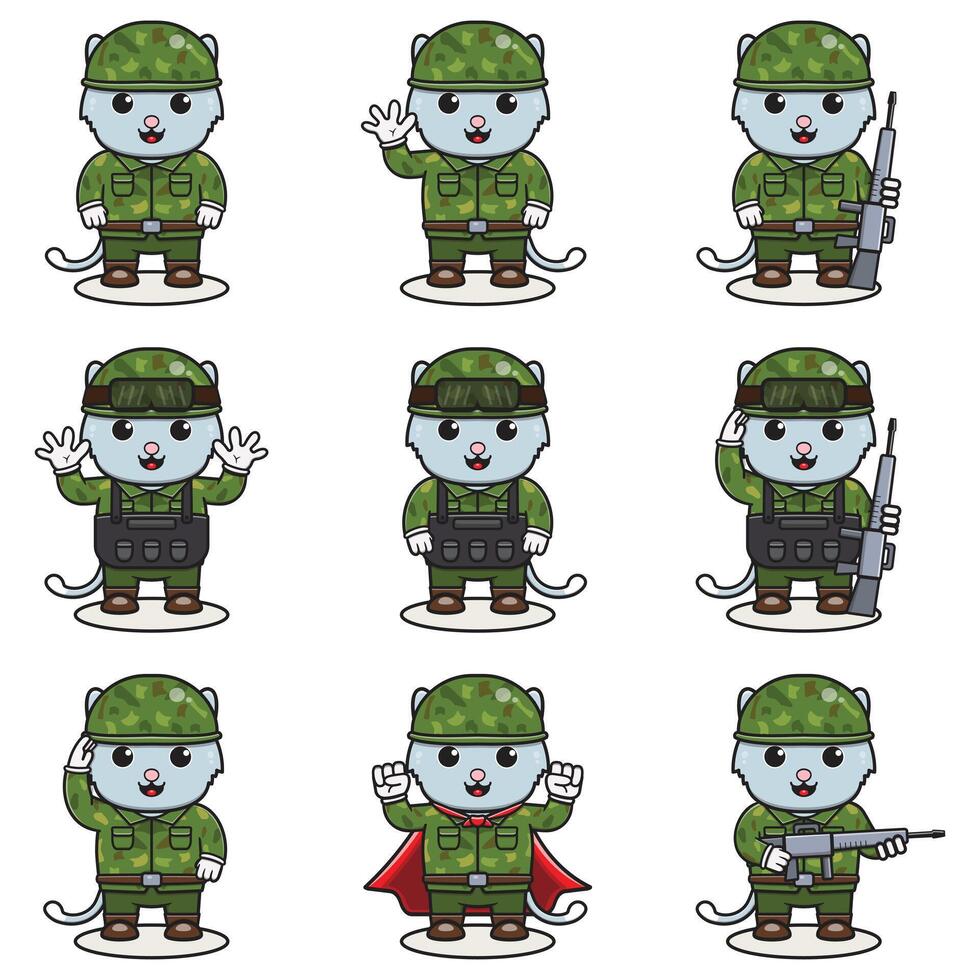 söt katt soldat i kamouflage enhetlig. tecknad serie rolig katt soldat karaktär med hjälm och grön enhetlig i annorlunda positioner. vektor