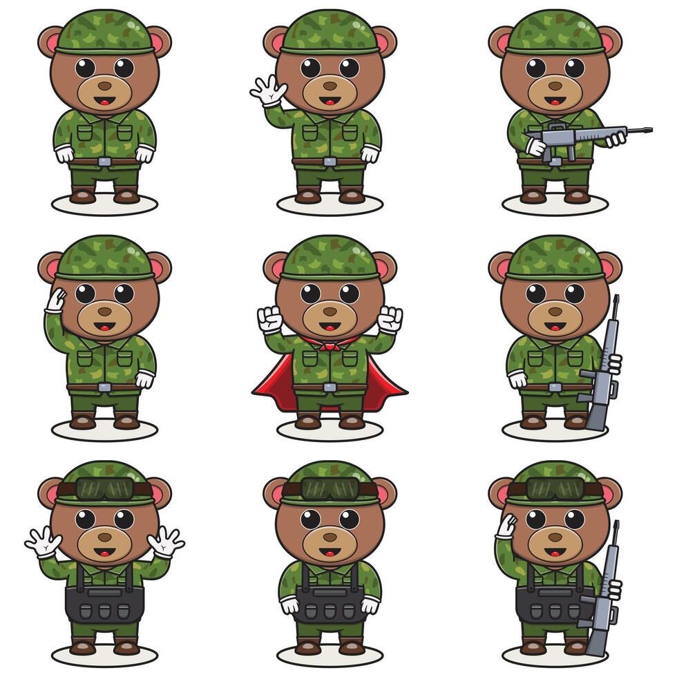 süß Bär Soldat im tarnen Uniform. Karikatur komisch Bär Soldat Charakter mit Helm und Grün Uniform im anders Positionen. komisch Tier Illustration Satz. vektor