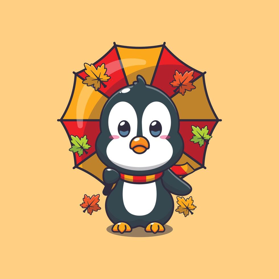söt pingvin med paraply på höst säsong. vektor