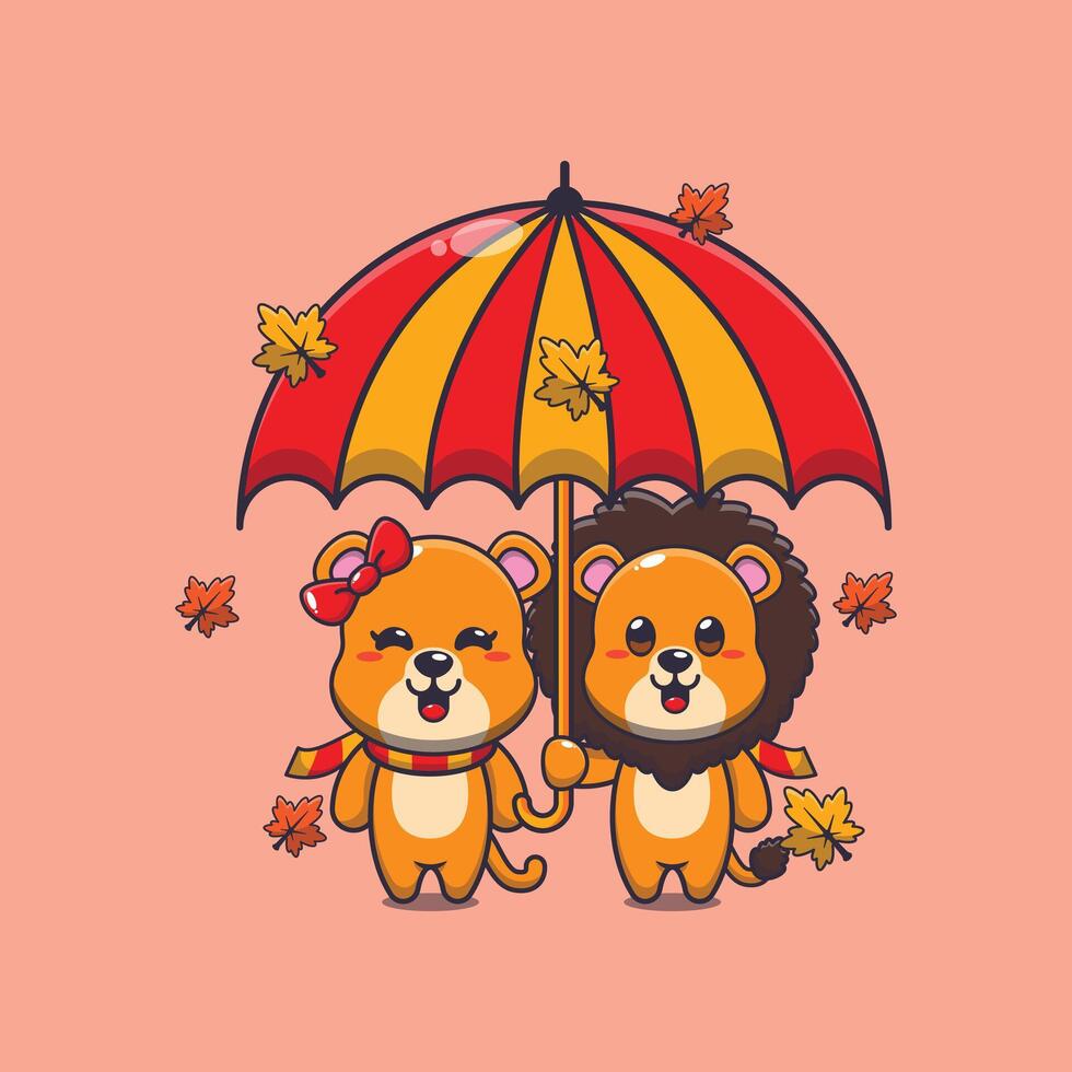 söt par lejon med paraply på höst säsong. vektor