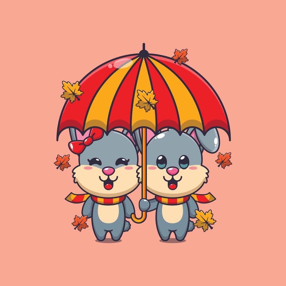 süß Paar Hase mit Regenschirm beim Herbst Jahreszeit. Maskottchen Karikatur Illustration geeignet zum Poster, Broschüre, Netz, Maskottchen, Aufkleber, Logo und Symbol. vektor