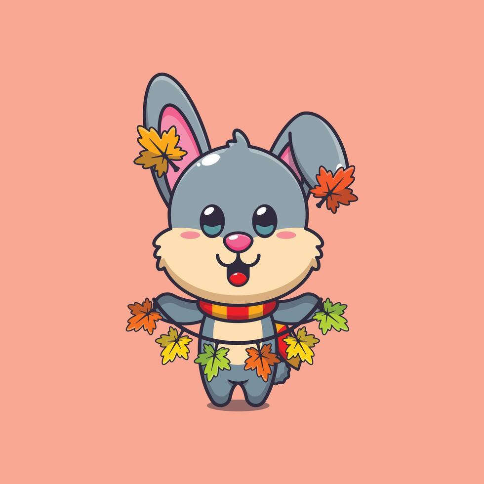 süß Hase mit Herbst Blatt Dekoration. Maskottchen Karikatur Illustration geeignet zum Poster, Broschüre, Netz, Maskottchen, Aufkleber, Logo und Symbol. vektor