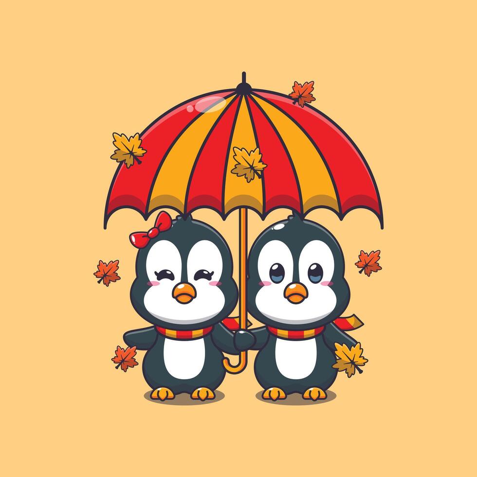 söt par pingvin med paraply på höst säsong. vektor