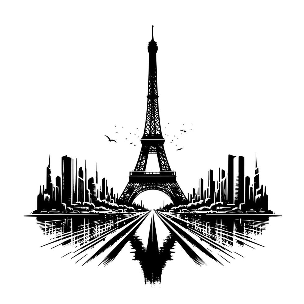 schwarz und Weiß Illustration von das Eiffel Turm Besichtigung im Paris vektor