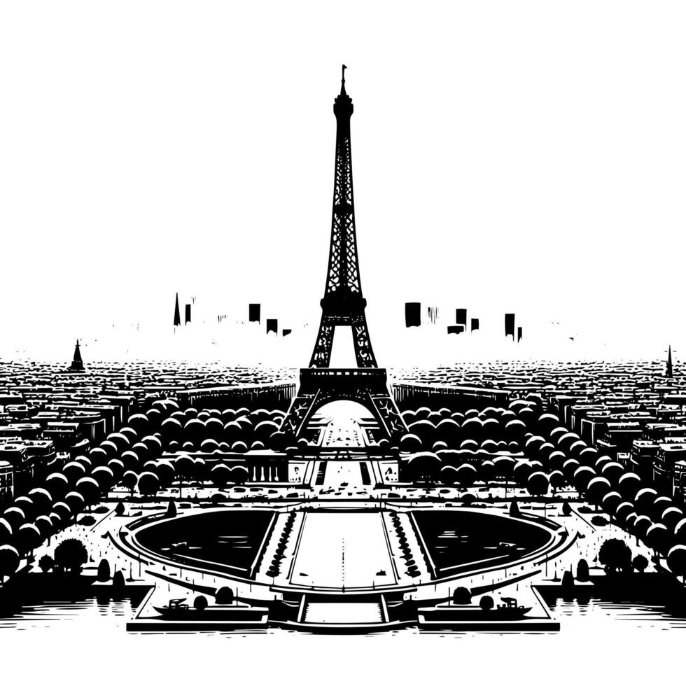 schwarz und Weiß Illustration von das Eiffel Turm Besichtigung im Paris vektor