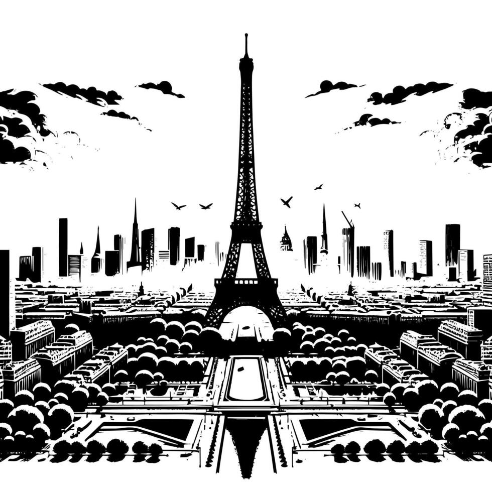 svart och vit illustration av de eiffel torn sightseeing i paris vektor