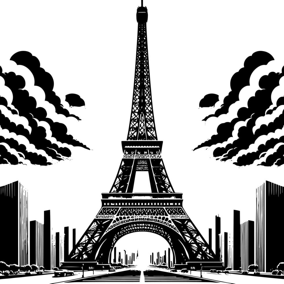 schwarz und Weiß Illustration von das Eiffel Turm Besichtigung im Paris vektor