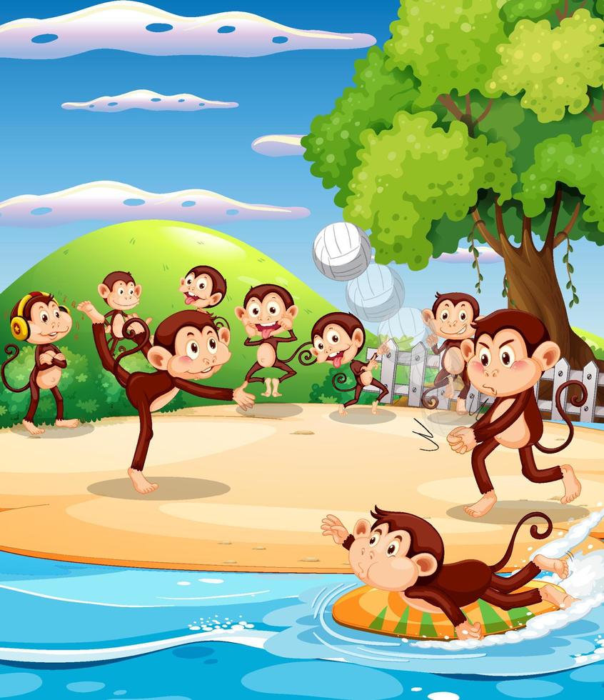 Strandszene mit kleinen Affen, die verschiedene Aktivitäten machen vektor