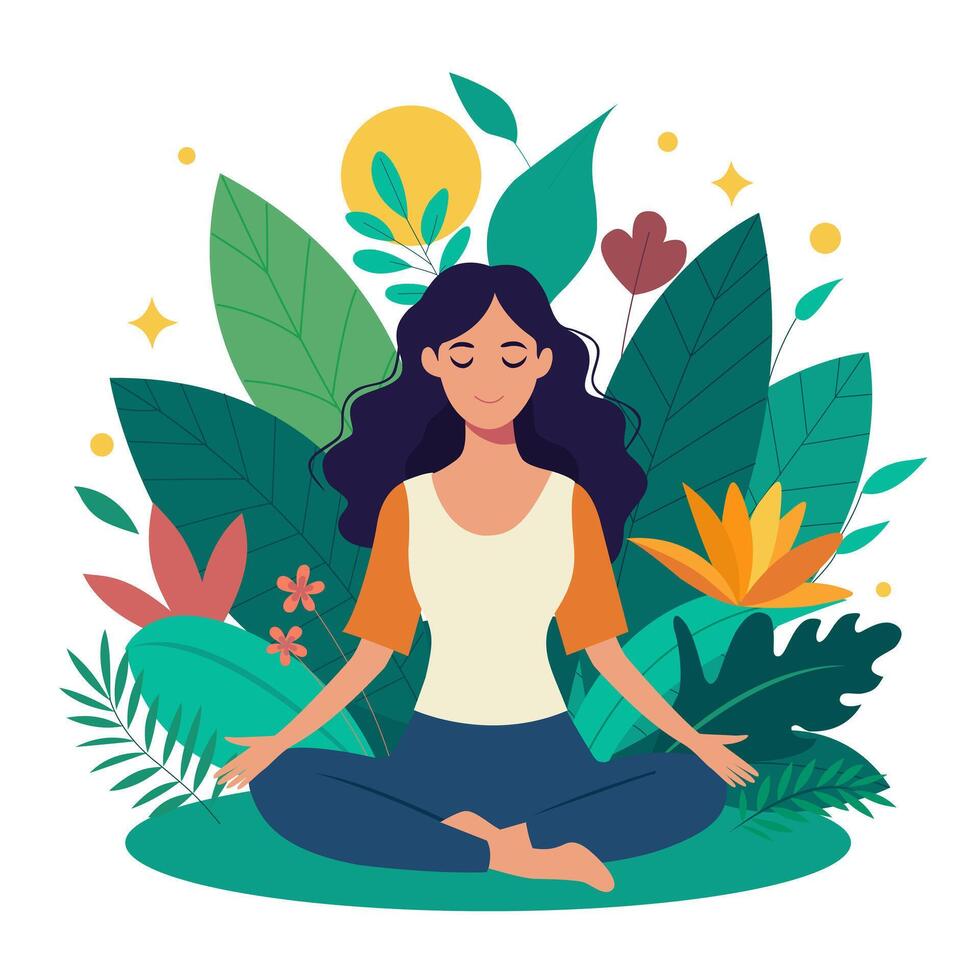 kvinna mediterar i natur och löv. yoga vektor