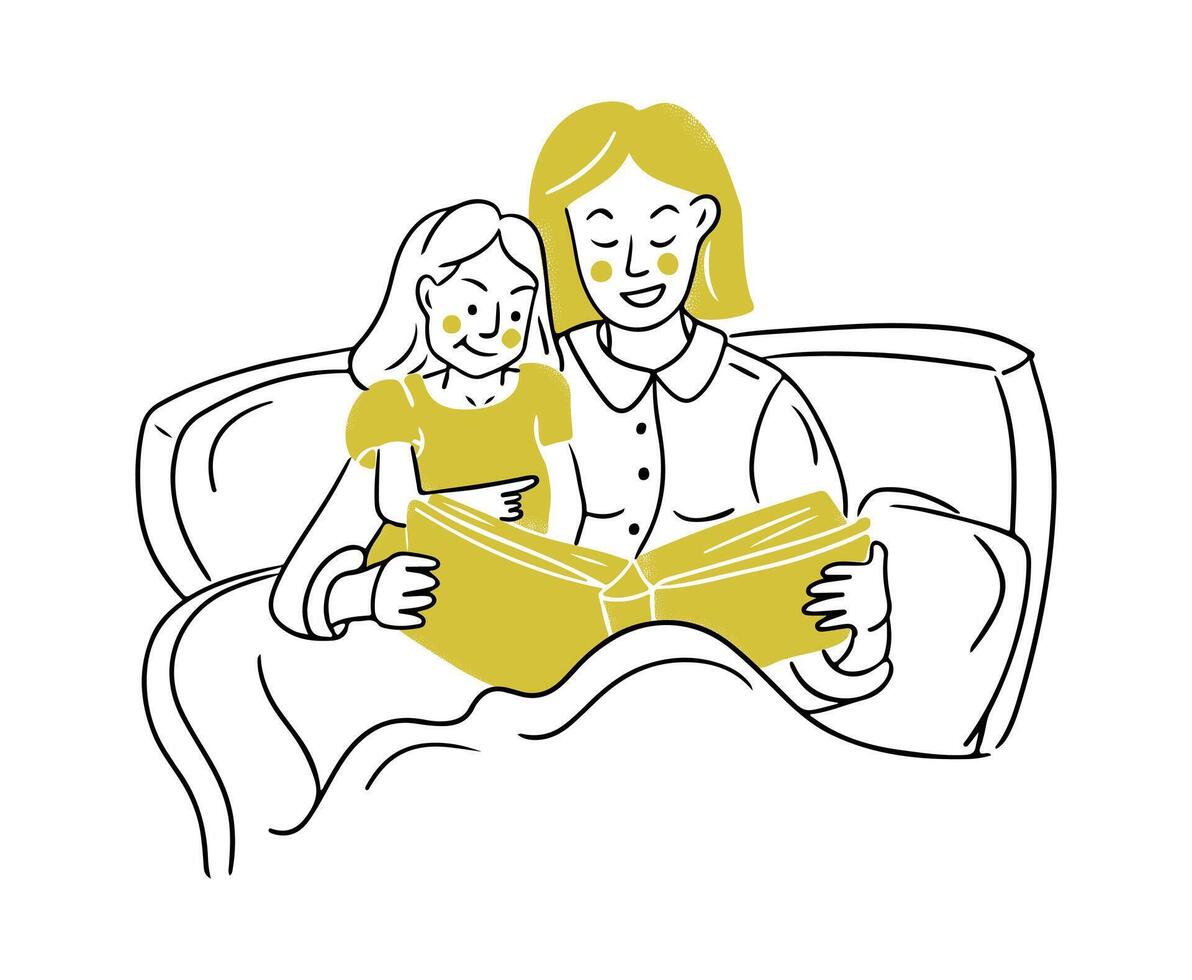 skizzenhaft Illustration von lesen Mutter zu Kind im Bett. Kontur eben Gekritzel Zeichnung isoliert auf Weiß Hintergrund. Hand gezeichnet Salzen oben Konzept zum Logo oder Aufkleber vektor