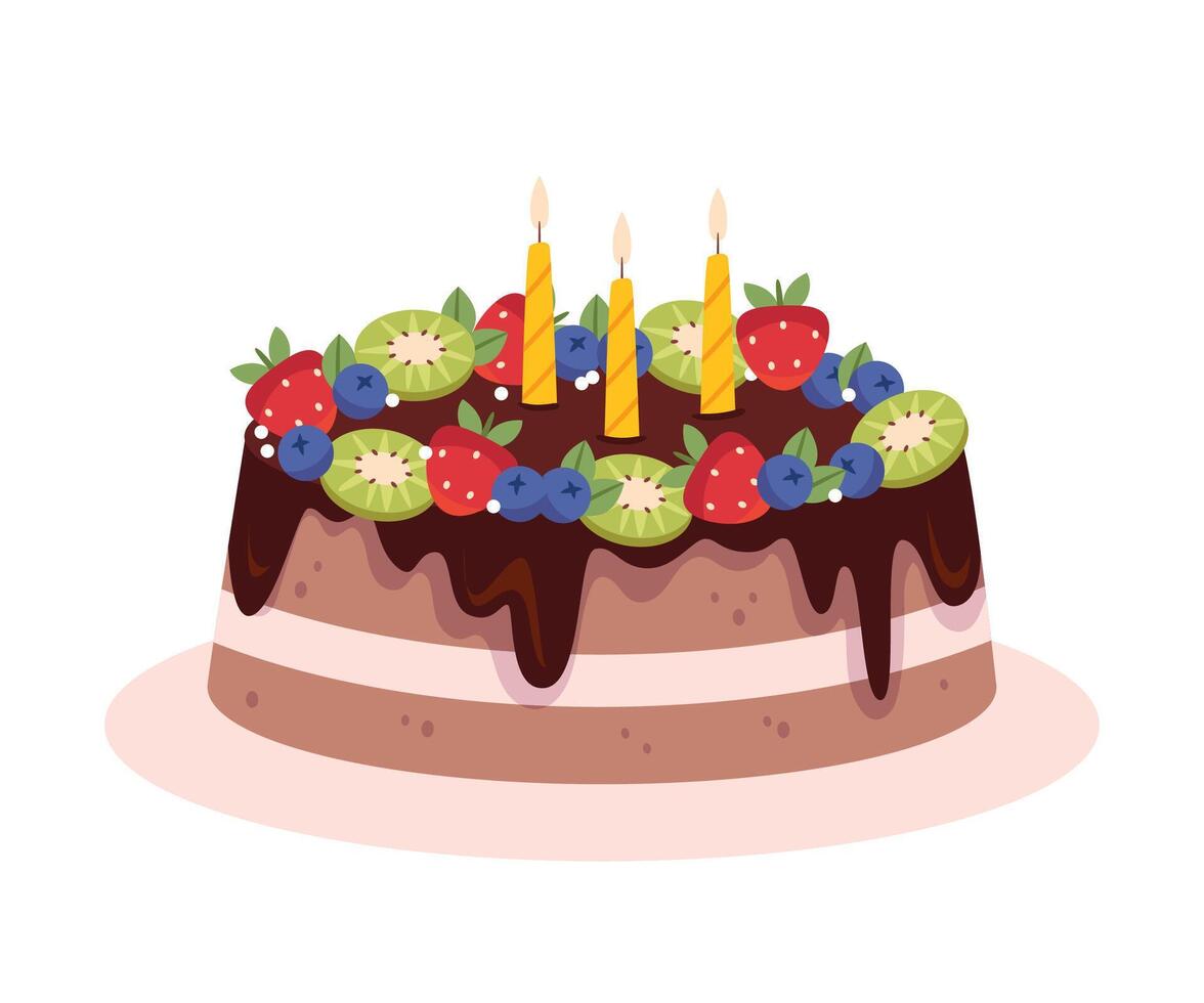 Geburtstag Schokolade Kuchen mit Sommer- Beeren.Erdbeeren, Heidelbeeren, Kiwi vektor