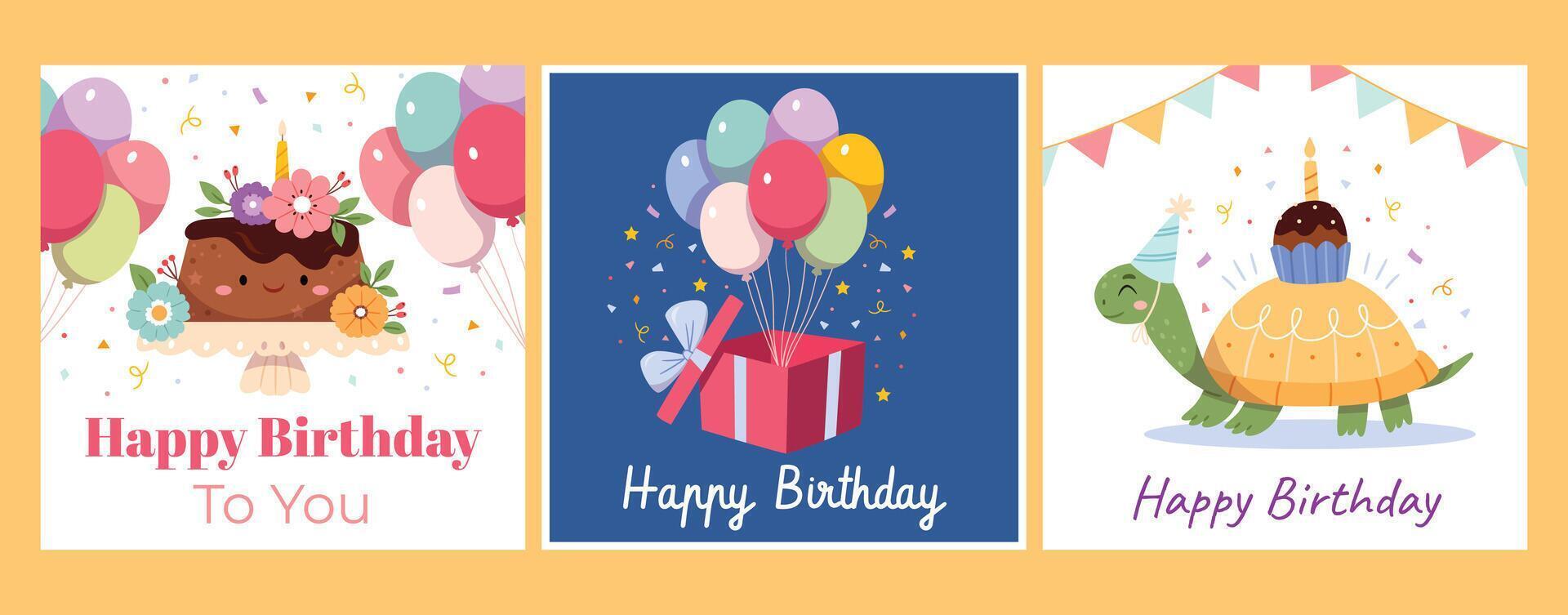 uppsättning av födelsedag kort. kaka, bollar, gåvor, rolig karaktär. vektor