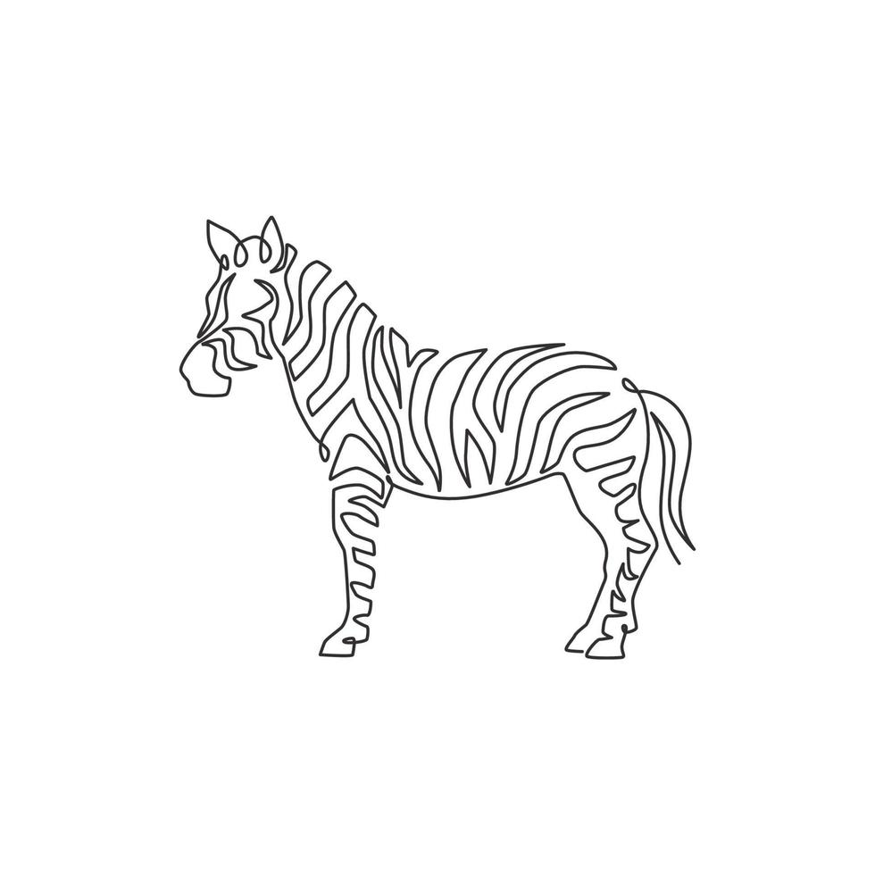 en enda linjeteckning av zebra för nationalpark zoo safari logotyp identitet. typisk häst från Afrika med ränder koncept för barn lekplats maskot. kontinuerlig linje rita vektor design illustration