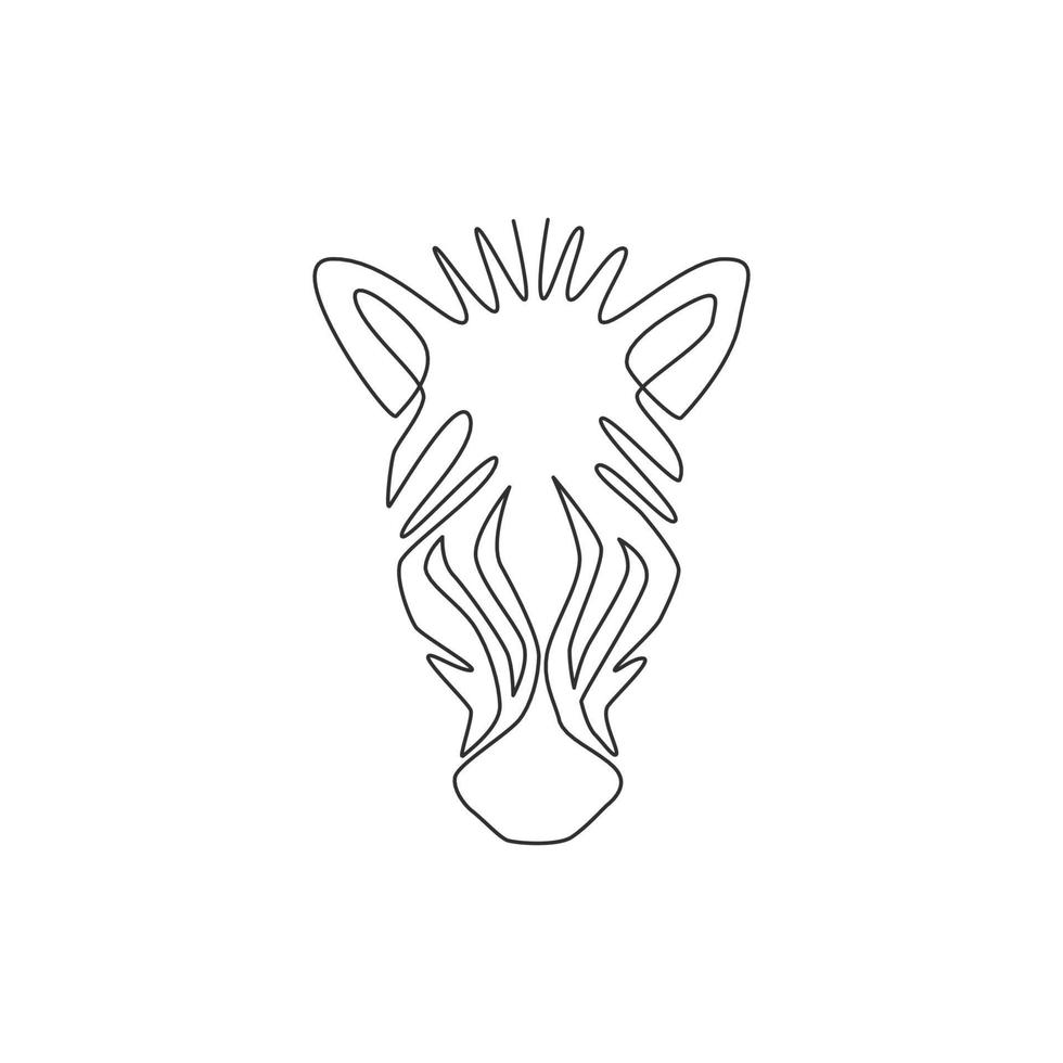 en kontinuerlig linjeteckning av zebrahuvud för nationalpark zoo safari logotyp identitet. typisk häst från afrika med ränder för företagsmaskot. moderna en rad rita design illustration grafik vektor