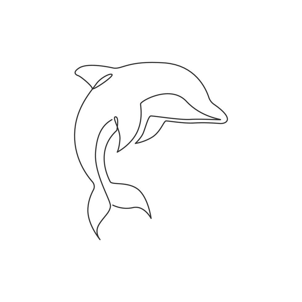 eine durchgehende Strichzeichnung eines freundlichen süßen Delphins für die Logoidentität des Aquariums. glückliches Säugetiertierkonzept für Firmenmaskottchen. dynamische einzeilig zeichnende Designillustration Vektorgrafik vektor