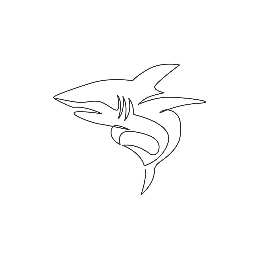 en kontinuerlig linjeteckning av rovdjur av hajhavsfisk för akvariets logotypidentitet under vattnet. vilda havsdjur koncept för naturälskare foundation maskot. enkel linje rita design illustration vektor