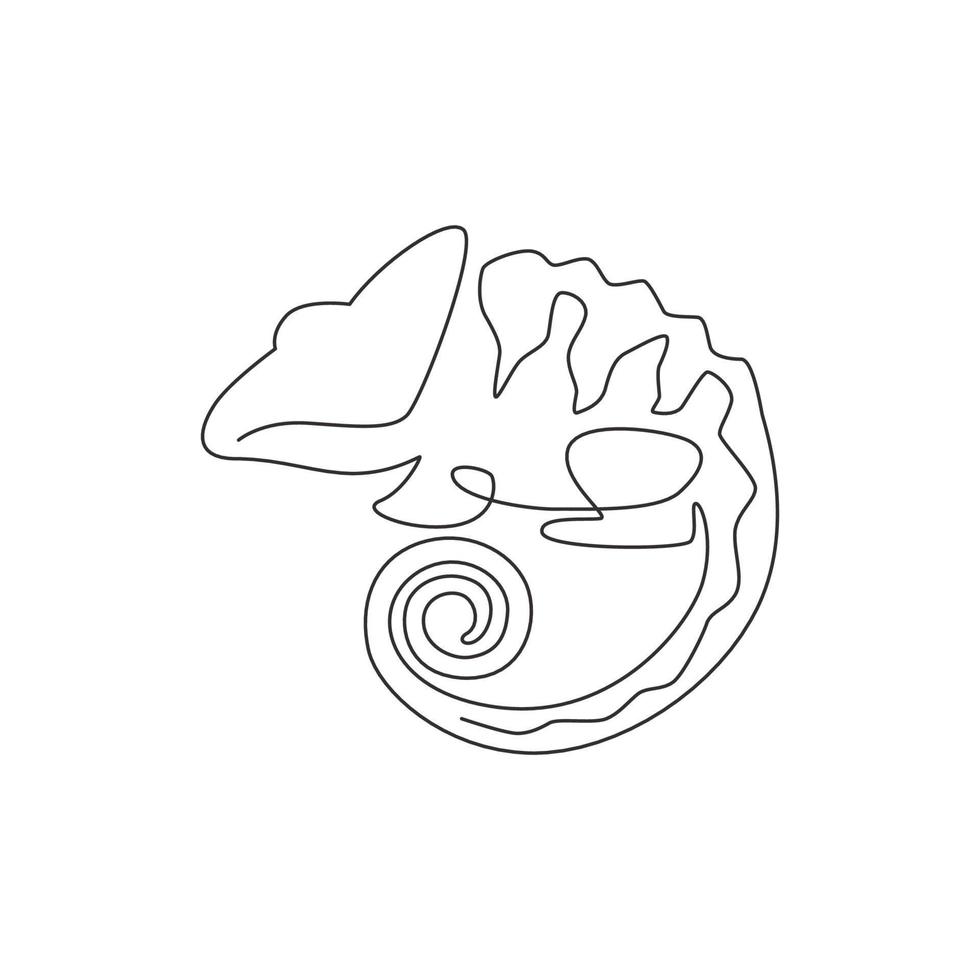 en kontinuerlig linjeteckning av skönhetskameleont med spiral svansmaskotkoncept för reptildjurälskarsamhälle. exotiskt reptildjur för företagets logotypidentitet. enkel linje rita design illustration vektor