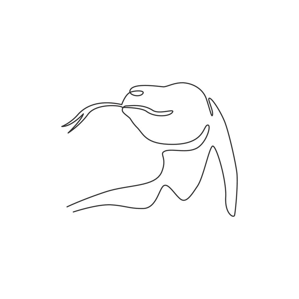 enda kontinuerlig linjeritning av komodo-drakhuvud för logotyp för äventyrsorganisation. vilda skyddade djur maskot koncept för bevarande nationalpark. en linje rita design illustration vektor